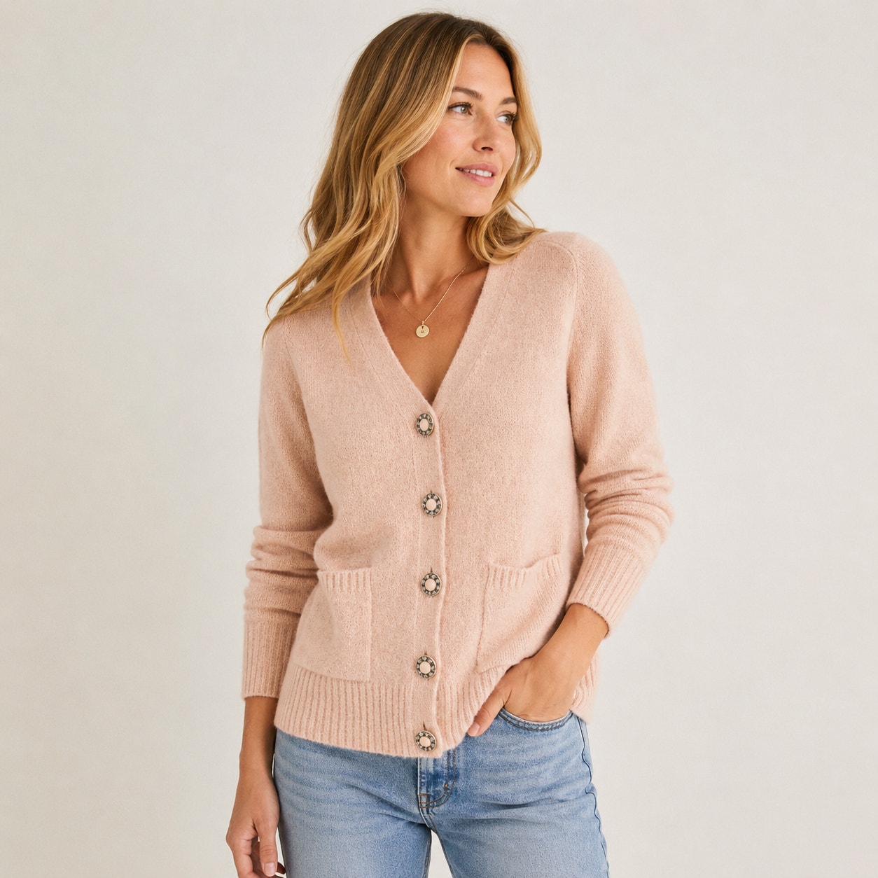 Tory Burch Cardigan Jewel Buttons Alpaca Front V-Neck Sweater Pink Size Large